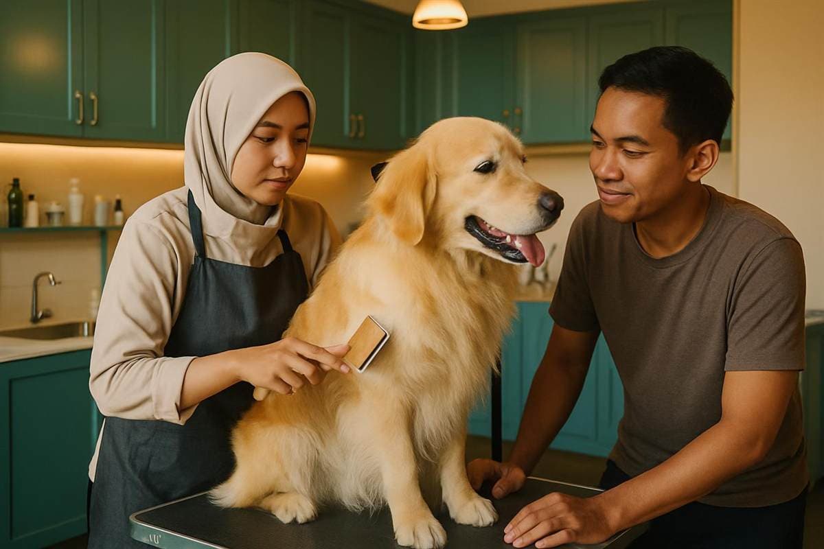 Groomer merawat anjing di meja grooming SATSETPETSHOP